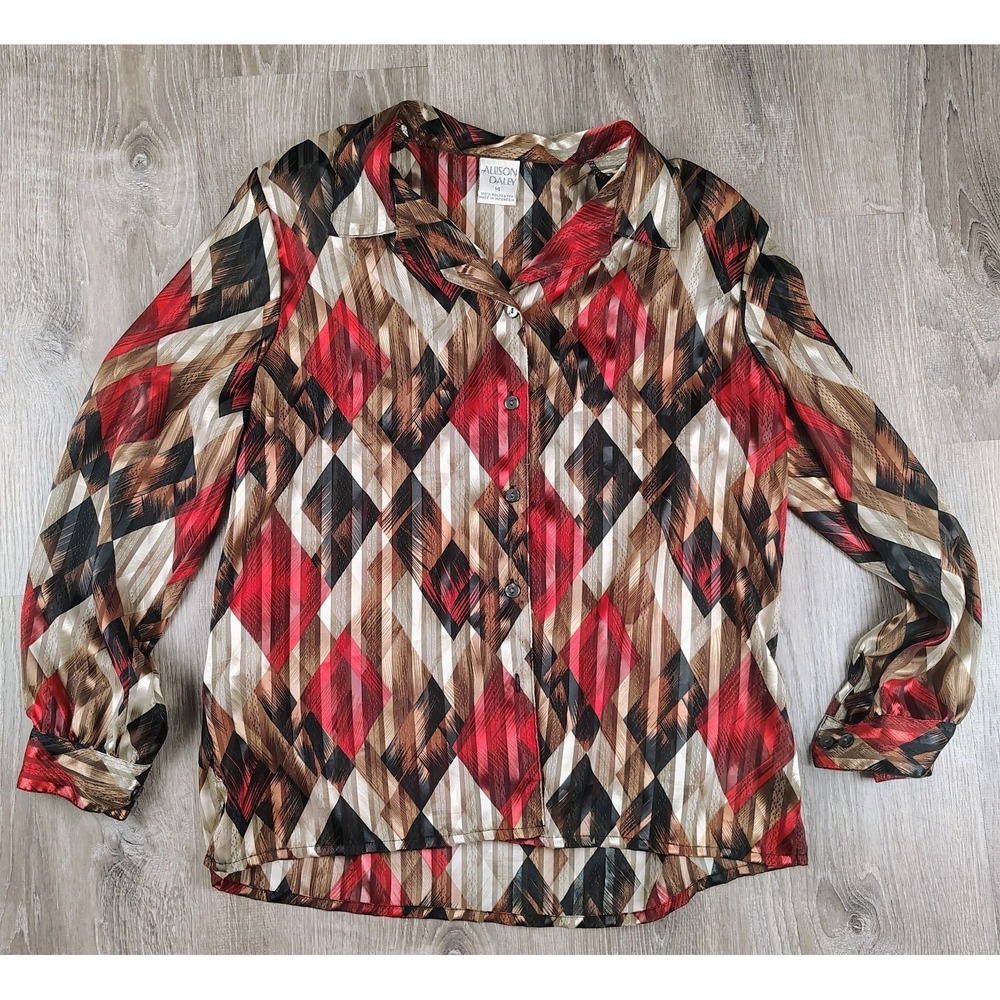 Vintage Blouse Allison Daley Button Up Shirt Womens 14 Sheer Abstract 90s